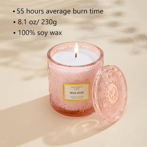 Chloefu LAN Wild Rose Candle - Luxury Jar Candle for Home Scented, Natural Soy Wax, 8.1 oz, 55 Hours Burn