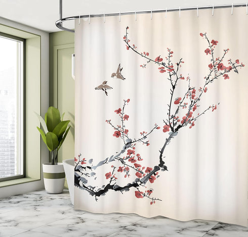 Ambesonne Nature Shower Curtain 69" W x 70" L, Burgundy Black Flowers Buds Birds Art Painting Effect, Cloth Fabric Bath