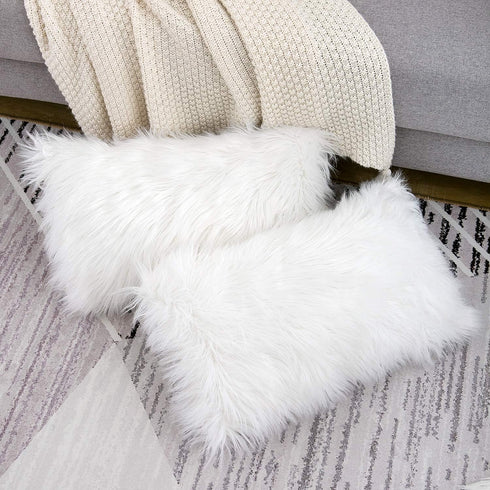WLNUI Set of 2 White Decorative Lumbar Pillow Covers - Luxury Merino Style Faux Fur, 12x20 Inch