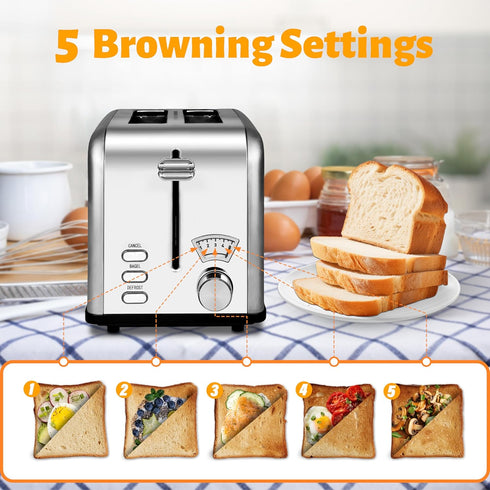 HealSmart 2 Slice Stainless Steel Toaster, Extra Wide Slot, Removable Crumb Tray, Retro Compact Oven, Silver