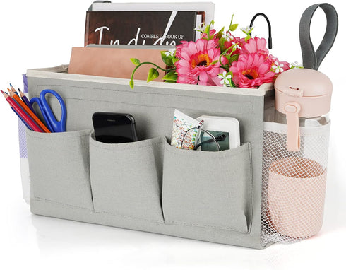 Bedside Storage Organizer with Fixed Straps and Water Bottle Holder for Home, College, Dorm (Grey)