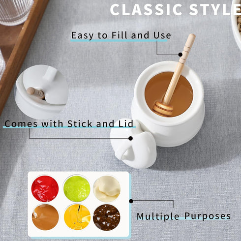 HAOTOP Ceramic Honey Pot with Lid and Dipper, 12oz Porcelain Honey Jar, Easy to Clean, Dishwasher Safe (White)