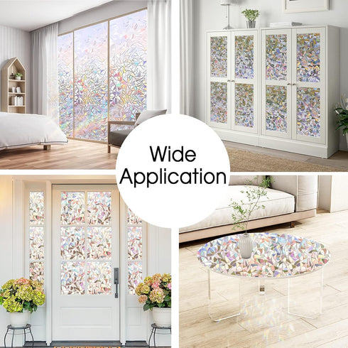 Rainbow Window Privacy Film - Holographic Stained Glass Vinyl 3D Decorative Window Cover, Static Cling, 17.5 x 78.7
