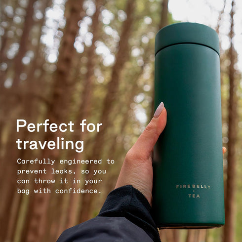 Firebelly Tea, Travel Tea Infuser Mug with Strainer, Insulated Tumbler for Loose Leaf Tea or Coffee, Leakproof Bottle