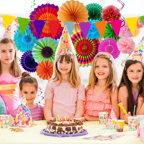 Huryfox 33pcs Fiesta Party Decorations - Colorful Mexican Themed Hanging Paper Fans, Pom Poms, and Streamers