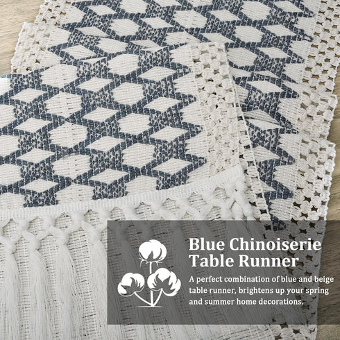48 Inch, yuboo Blue and White Table Runner Short Boho Woven Coffee Table Runner for Round Table, Coastal Farmhouse