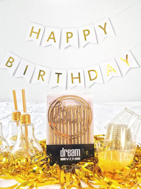 24 Count Tall Thin Metallic Gold Birthday Candles with Holders and Classy Cake Topper for Custom Cake
