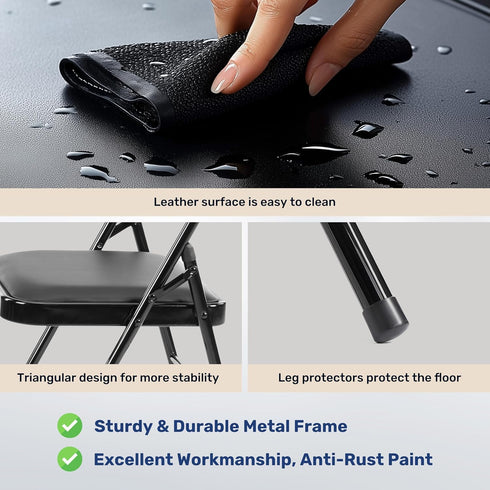 2 Pack Commercial-Grade Simple Deluxe Portable Padded Folding Chairs, Leather Upholstered Seat Pad & Durable Metal