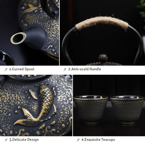 Set 4 Set, 26 oz Ufine Koi Fish Cast Iron Teapot Stove Top Tea Kettle with Cups Japanese Style Tetsubin Tea Gift