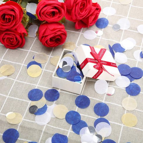 TecUnite Round Tissue Paper Table Confetti Dots for Wedding Birthday Party Decoration, 1.76 oz (Blue Gold Silver, 2.5