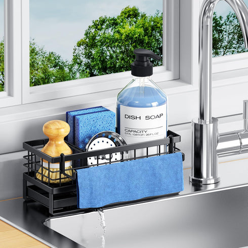 Kitchen Sink Sponge Holder, Rustproof Non-Slip Self-Draining Metal Sink Caddy with Detachable