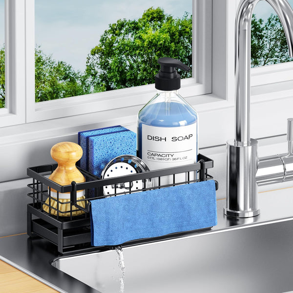 Kitchen Sink Sponge Holder, Rustproof Non-Slip Self-Draining Metal Sink Caddy with Detachable