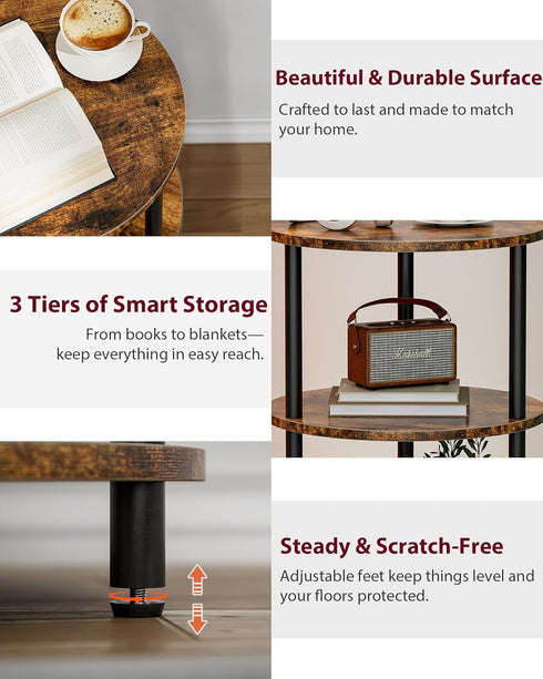 3 XBurmo Small Round Coffee Table - Tier Design Accent Table, Narrow Side or Bedside Stand, Industrial Vintage