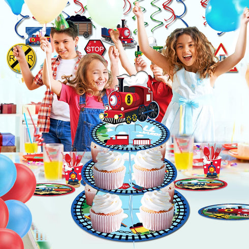 3-Tier Lide Road Train Cardboard Cupcake Stand - Birthday Party Supplies, Round Dessert Cake Tower for Train Theme Baby