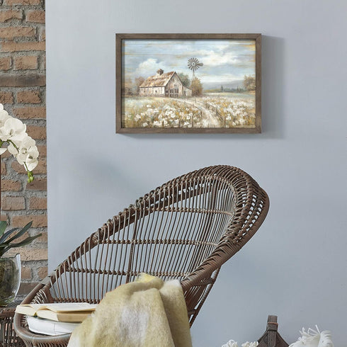 Barn Framed Wall Art Decor, Rustic Farmhouse Wooden Picture of Country Windmill Meadow Landscape Painting for Bedroom