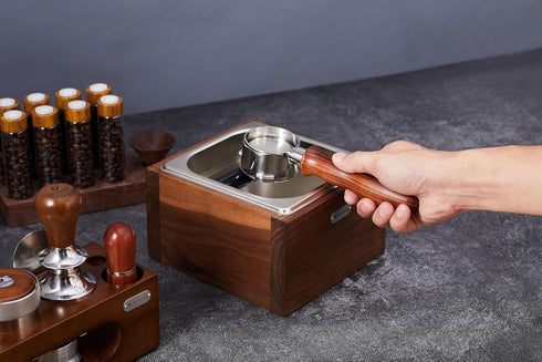 Espresso Knock Box Made of Sturdy Walnut Wood and Easy-Clean Stainless Steel Knockbox for Coffee Grounds