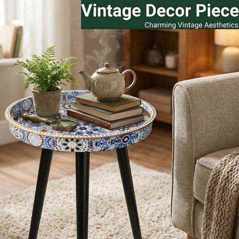 13" Zosenley Small Round Side Table - Blue Boho Geometric End Table with Vintage Pattern Tray - Unique Artistic Accent