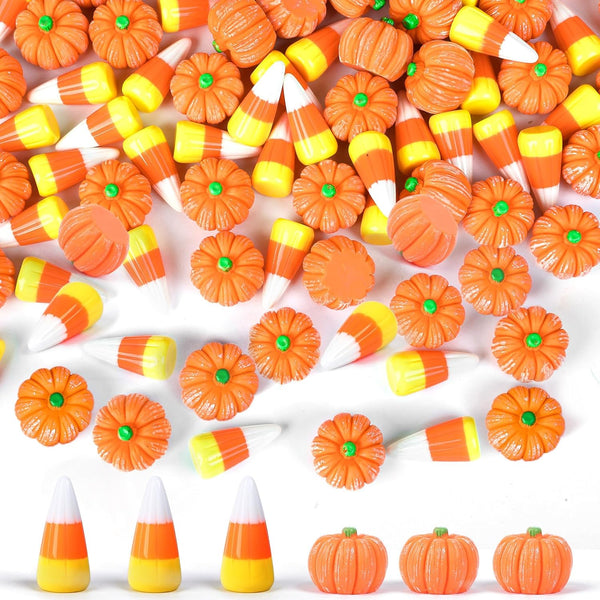 Halloween Resin Charms - 80Pcs Fake Pumpkin Candy Corn Mini Ornaments for DIY Craft Making Decorations