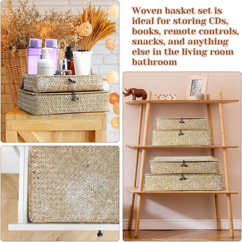 Set of 4 Seagrass Baskets with Lid, Decorative Storage Boxes for Shelf, Closet, Bedroom, 4 Sizes, White