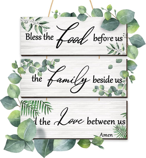 Maitys 3 Pieces Eucalyptus Greenery Wooden Wall Sign, Bless Family Food Love Plaque, Rustic Porch Decor, Green Leaves