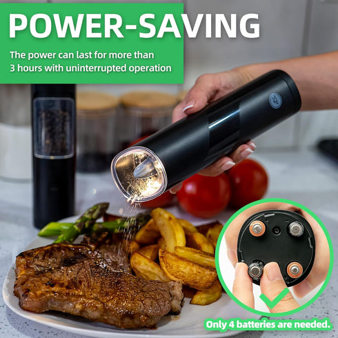 Gravity Electric Salt and Pepper Grinder Set - Adjustable Coarseness, One-Handed Operation, Battery Powered, Black