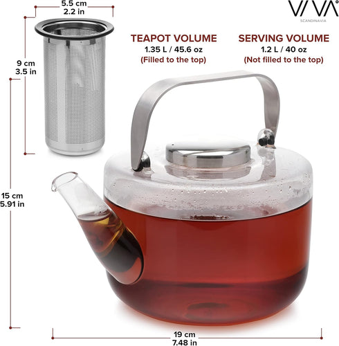 40 ounce/1.18 Viva Bjorn Borosilicate Glass Tea Pot for Stovetop with Loose Leaf Tea Infuser Mesh - Liter - Modern