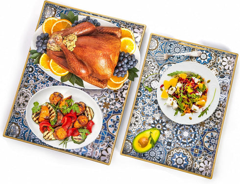 Set 2 Hiceeden of Decorative Serving Trays with Handles, Boho Tea Trays Ottoman Trays for Serving, Modern Plastic