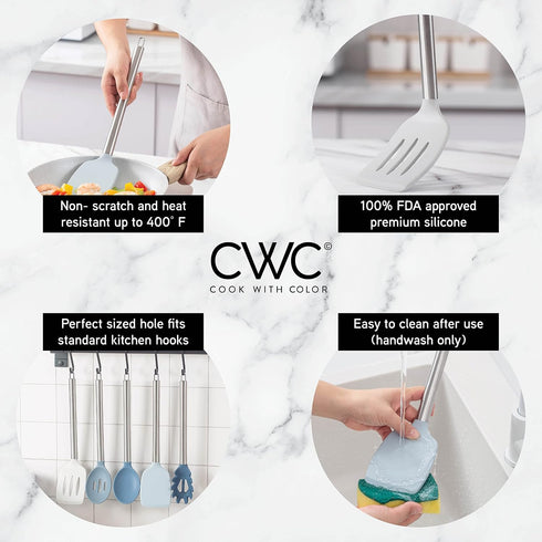 COOK WITH COLOR Silicone Cooking Utensils - 5 Pc Kitchen Utensil Set for Nonstick Cookware (Blue and White)