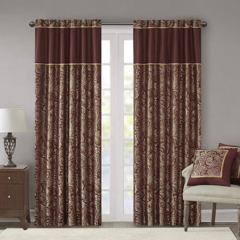 Madison Park Aubrey 2 Panel Curtain, Faux Silk Paisley Jacquard, Rod Pocket, Room Darkening Drape, 2-PK 50x95, Burgundy
