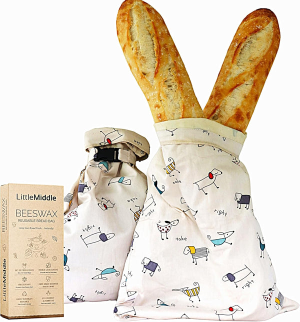 2 XL Beeswax Bread Bags for Homemade Bread, Reusable Cotton and Beeswax