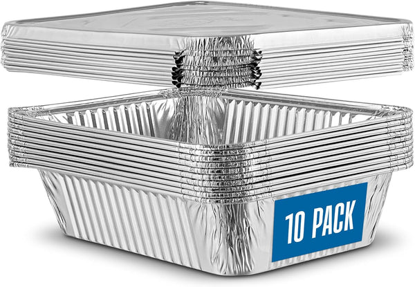 PLASTICPRO 10 Pack Heavy Duty Aluminum Pans, 6.5'' x 9" Disposable Pans with Covers for Baking and Cooking