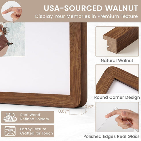 Dreamland 8x10 5x7, 8 10 Picture Frame with Mat for USA-Sourced Natural Walnut Wood Photo Frames with Resistant