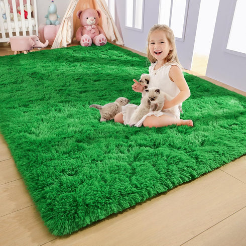 3x5 AROGAN Luxury Soft Shaggy Carpet, Feet Green Fluffy Bedroom Rug for Living Room, Kids Girls Playroom Teen Room