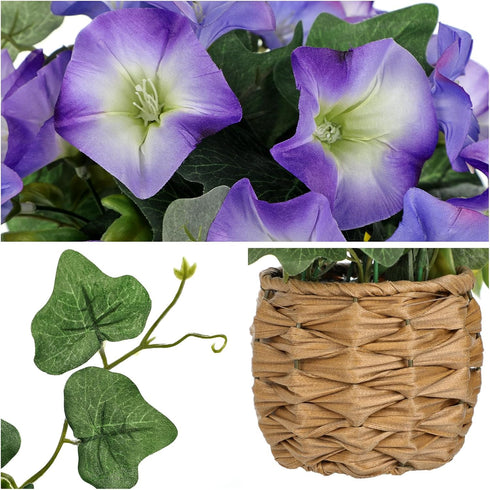 2 Pack 8.2" Briful Fake Morning Glory with Handwoven Basket - Faux Potted Flowers Silk Floral Table Centerpiece