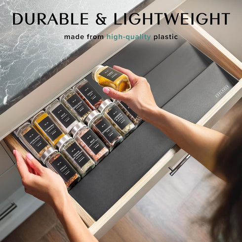 Plastic Spice Drawer Organizer, Expandable Rack for Drawer, Black Seasoning Organizer for Cabinet (Jars Not Included)