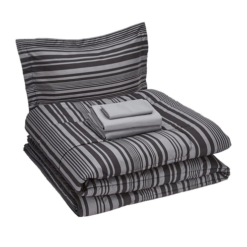 5-Piece Set Amazon Basics Lightweight Microfiber Comforter with Sheets, Bed-in-a-Bag, Gray Calvin Striped Bedding