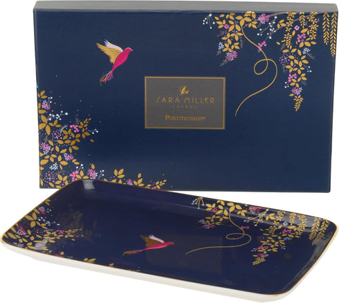 Portmeirion Sara Miller Chelsea Trinket Tray - 7.4 Inch Fine China with Hummingbird Design in Dark Blue