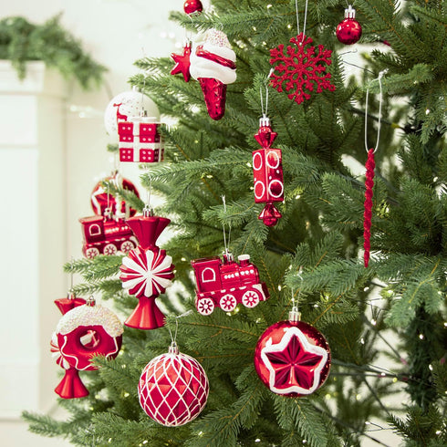 Set, 70 Christmas Tree Ball Ornaments ct Classical Red White Candy Train Theme Xmas Assorted Ornaments, Shatterproof