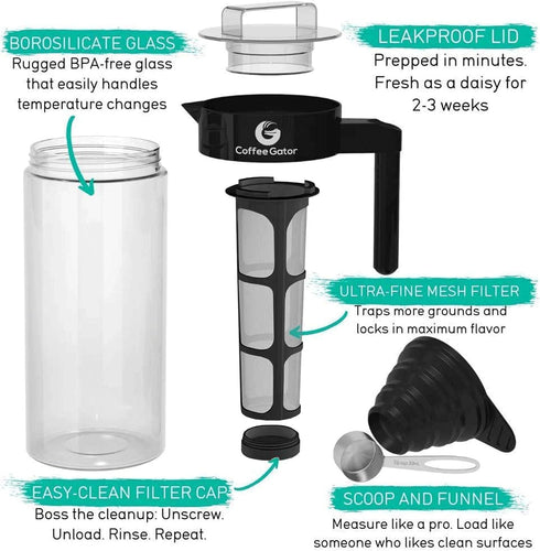 Coffee Gator Cold Brew Coffee Maker, 47 oz Iced Tea & Cold Brew Pitcher with Glass Carafe & Filter