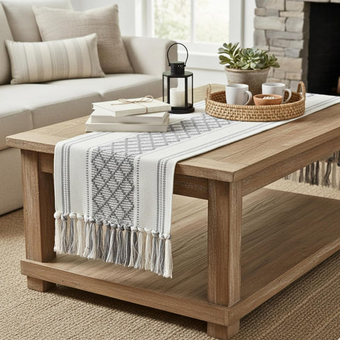 14x72 Inches Grey Table Runner with Tassel Gray & Cream Checks Geometric Design , Woven Washable Heavy Dresser Scarf