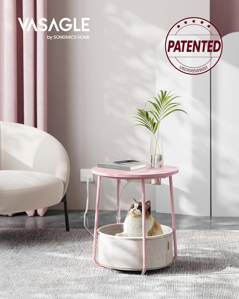 ULET228R01 VASAGLE LILEA Collection - Side Table with Charging Station, Round End Table with Fabric Basket, Nightstand