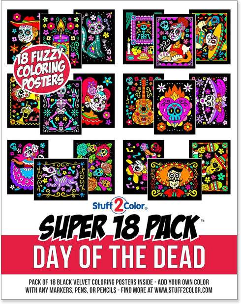 Super Pack of 18 Fuzzy Velvet Coloring Posters - Kids Themed Day of the Dead Halloween Crafts Activity