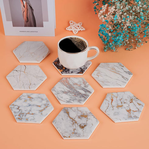 Coasters,Set 8 Gold Marble of Drink Coasters for Anniversary, Office,Geichan Ceramic Bar Coasters Cute Dining Coffee