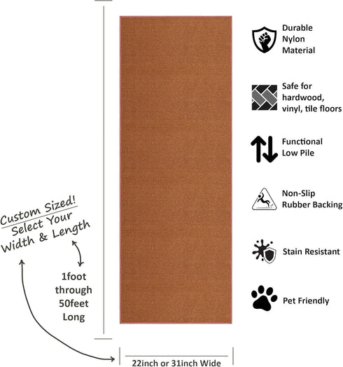 Kapaqua Custom Length Solid Color Runner Rug, Non-Slip Rubber Backing for Hallway, Stair, Kitchen, Living Room, Burnt
