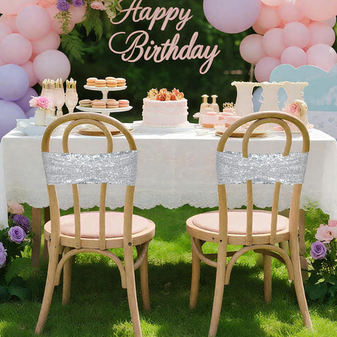 Poise3EHome 10 Silver Sequin Chair Sashes, Double Sided Glitter Folding Chair Covers Bow for Party Wedding Banquet