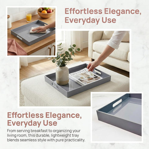 15.7 11.8 x1.6 Grey Decorative Tray, Rectangular Large Serving Tray with Handles, Plastic Coffee Table Tray