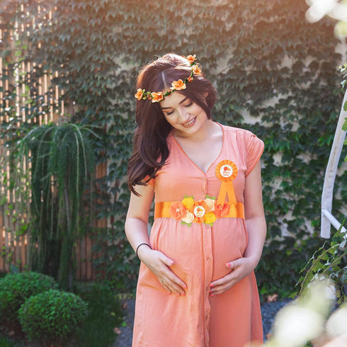 Little Cutie Citrus Maternity Sash, Orange Clementine Flower Crown, Mom to Be & Daddy to Be Corsage, Autumn Baby Shower