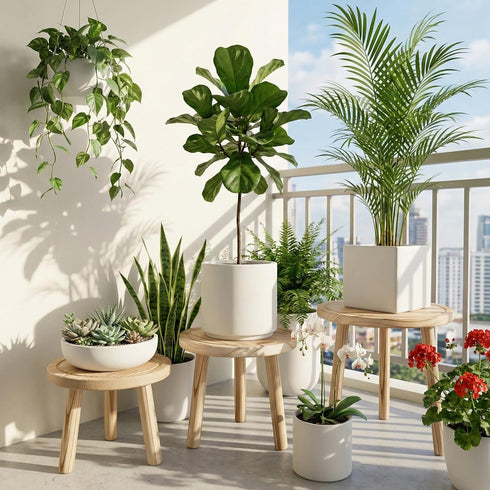 SEQUEDA 3-Pack 6-12 Inch Wood Plant Stands Indoor, Single Plant Stand for Pots, Mid-Century Modern Plant Stool, Tall