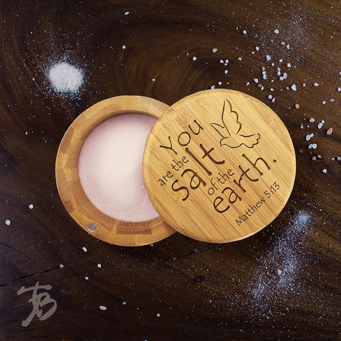 Totally Bamboo Salt Cellar with Magnetic Swivel Lid, 6 Ounce Capacity, Engraved Matthew 5:13