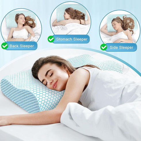 CloudBliss Memory Foam Pillow, Ergonomic Neck Contour Cervical Pillow for Neck and Shoulder Pain Relief, King Blue